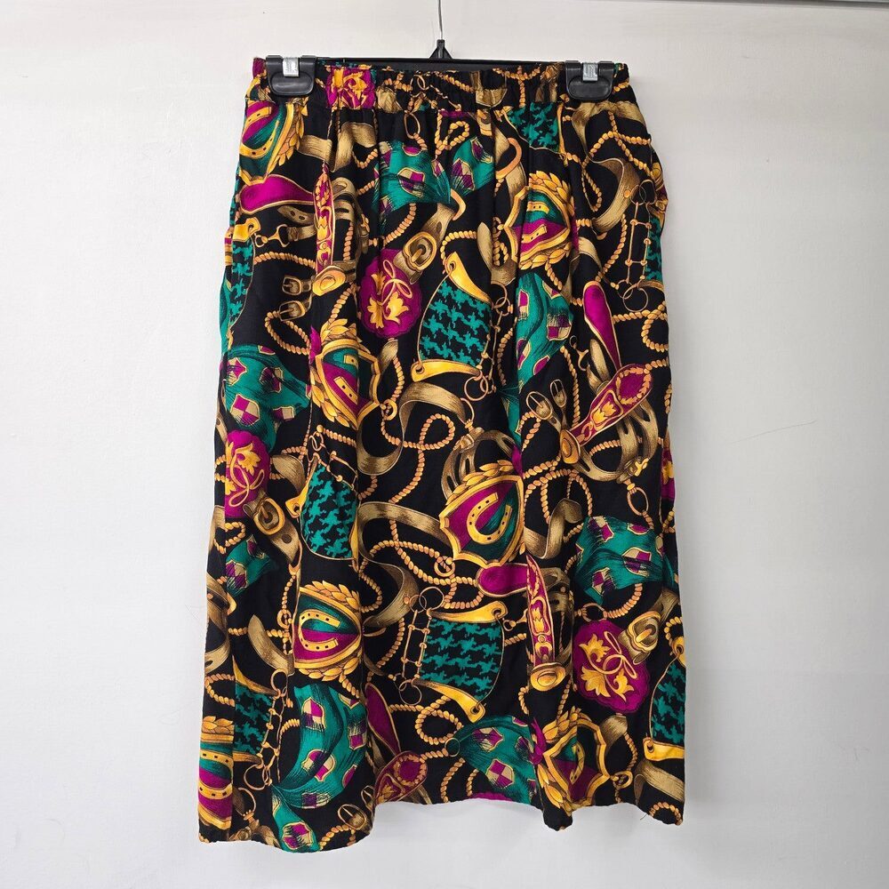 Vintage Purple & Teal Chain Print Midi Length Skirt Size S